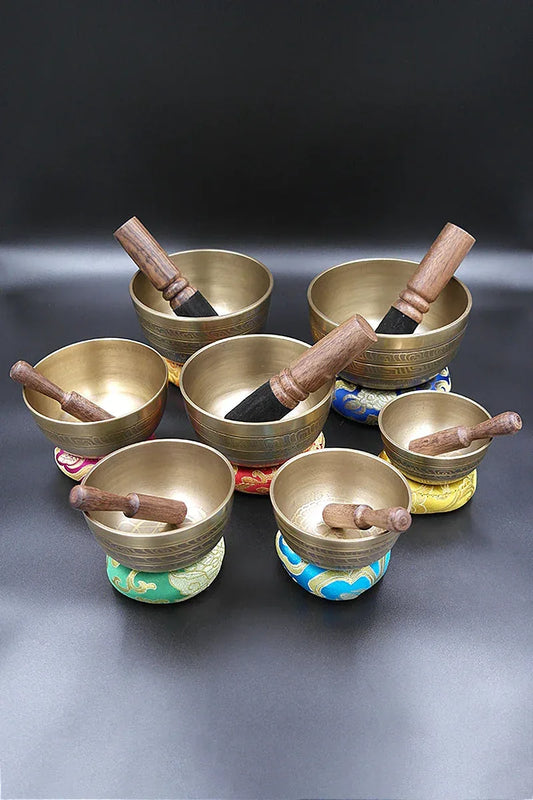 Seven Chakra etched Healing Tibetan Singing Bowl set 3.2"-5.2" - Vajracrafts