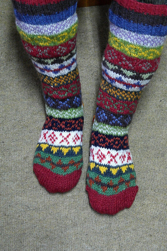 Maroon, blue, Green mixed color knitted Woolen Knee High Socks women - Vajracrafts