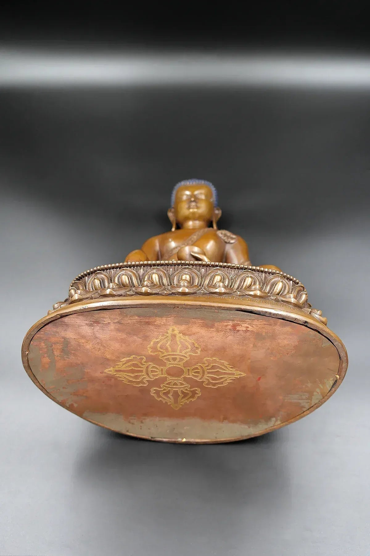 Antiqued Copper Shakyamuni Buddha Statue in double Lotus, 11" - Vajracrafts