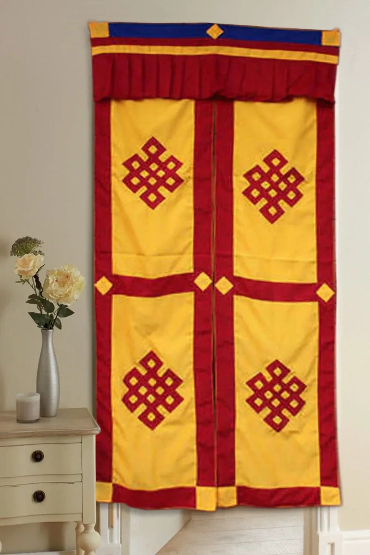 Tibetan Auspicious Symbol Endless Knot patchwork Split Door Curtain - Vajracrafts