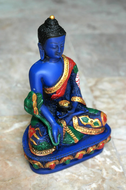 Color Painted Lapis tone Medicine Buddha Resin Statue with Dragon carved 6" - Vajracrafts