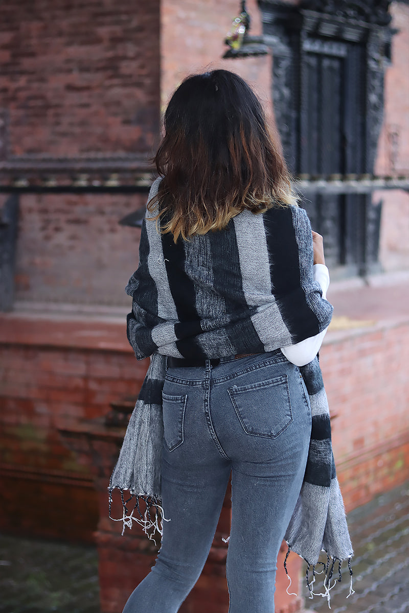 Grey and black Winter Yak Wool shawl with Fringe | Vajracrafts