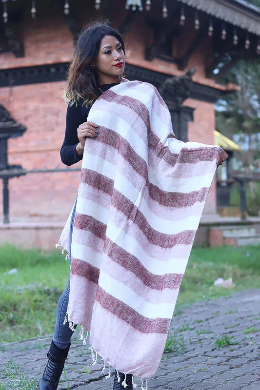 Light maroon and white color Yak Wool shawl with Fringe - Vajracrafts