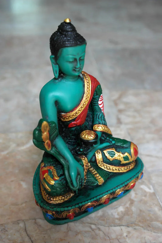 Color Painted Dragon carved Turquoise Medicine Buddha Resin Statue 6" - Vajracrafts
