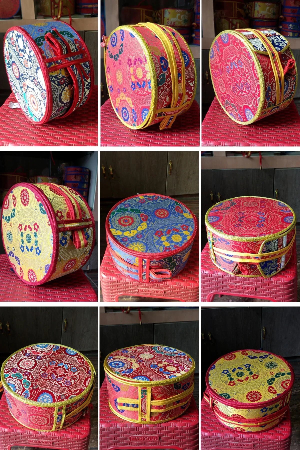 Tibetan Buddhist Ritual Chod Drum/Damaru with Yellow Brocade Cover - Vajracrafts