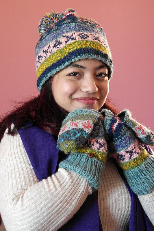 Light Blue pink mixed colored woolen gloves/mittens - Vajracrafts