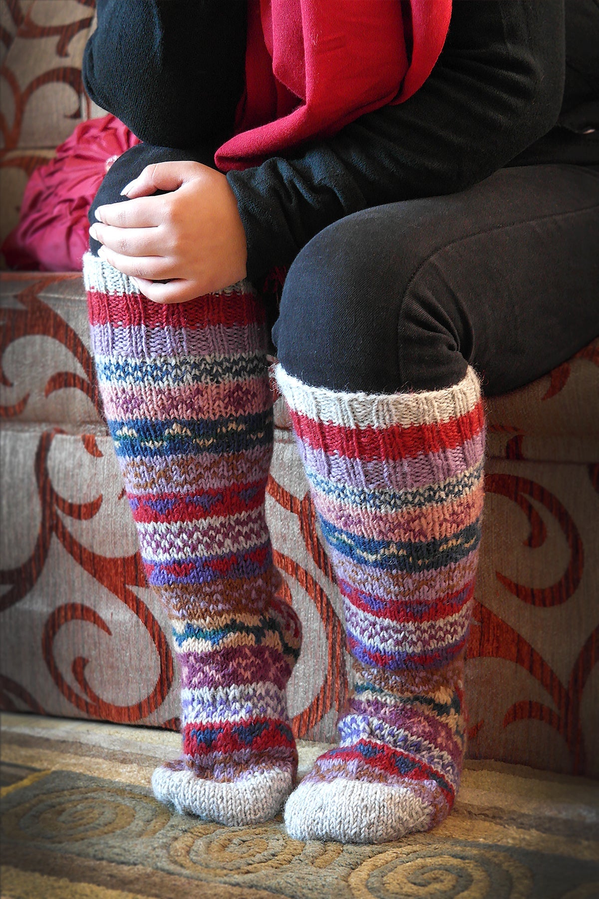 Off white red mixed color Woolen Knee High Socks | Vajracrafts