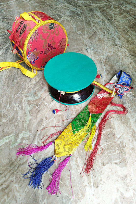 Tibetan Buddhist Ritual Chod Drum/Damaru with Yellow Brocade Cover - Vajracrafts