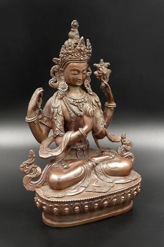 Copper Oxidized Chenrezig Statue 8" - Vajracrafts