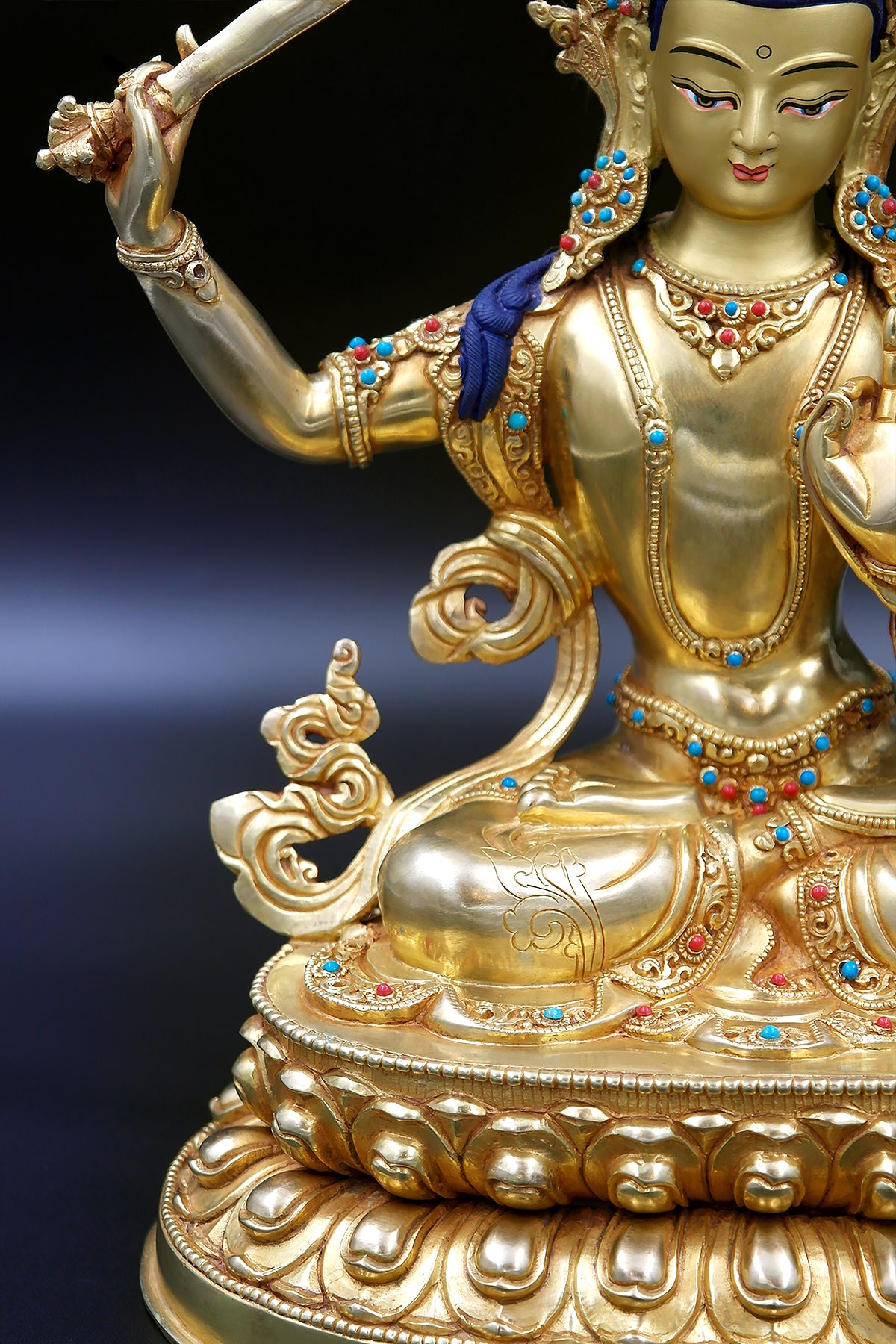 Gold Plated Exquisite Tibetan Manjushree Statue 9" | Vajracrafts