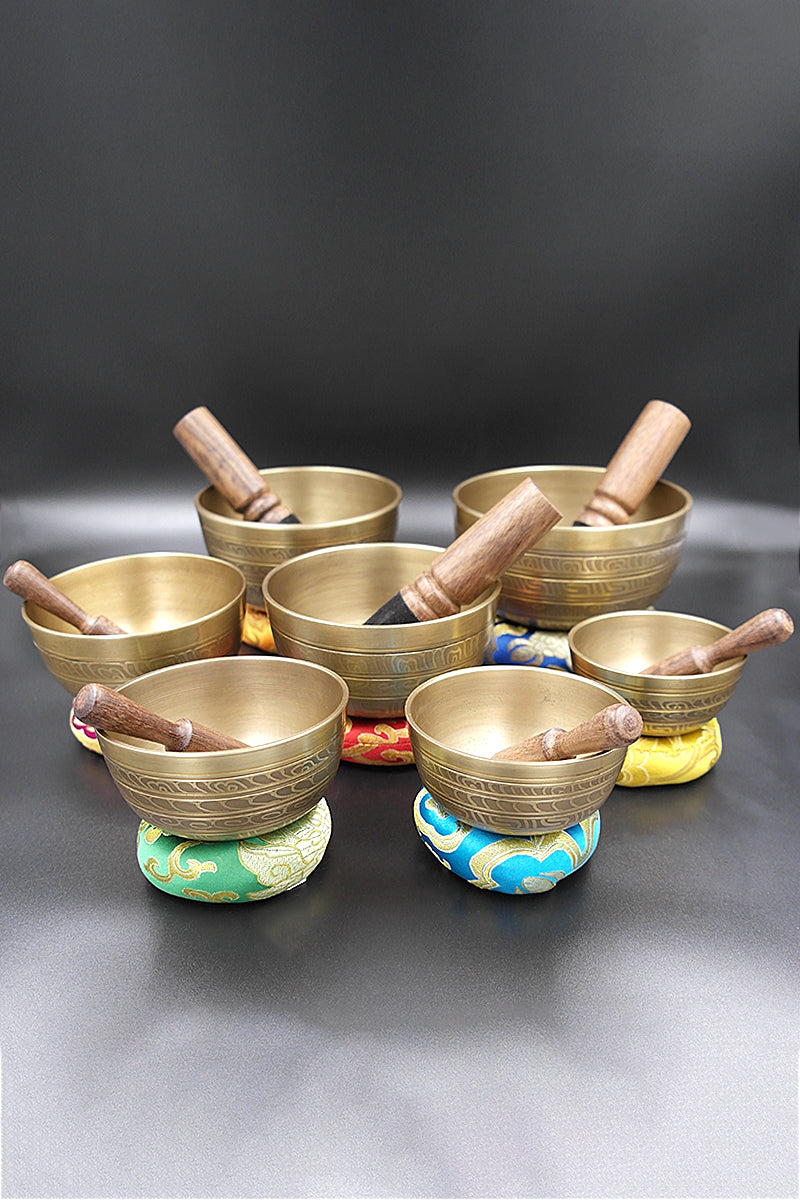Seven Chakra etched Healing Tibetan Singing Bowl set 3.2"-5.2" | Vajracrafts