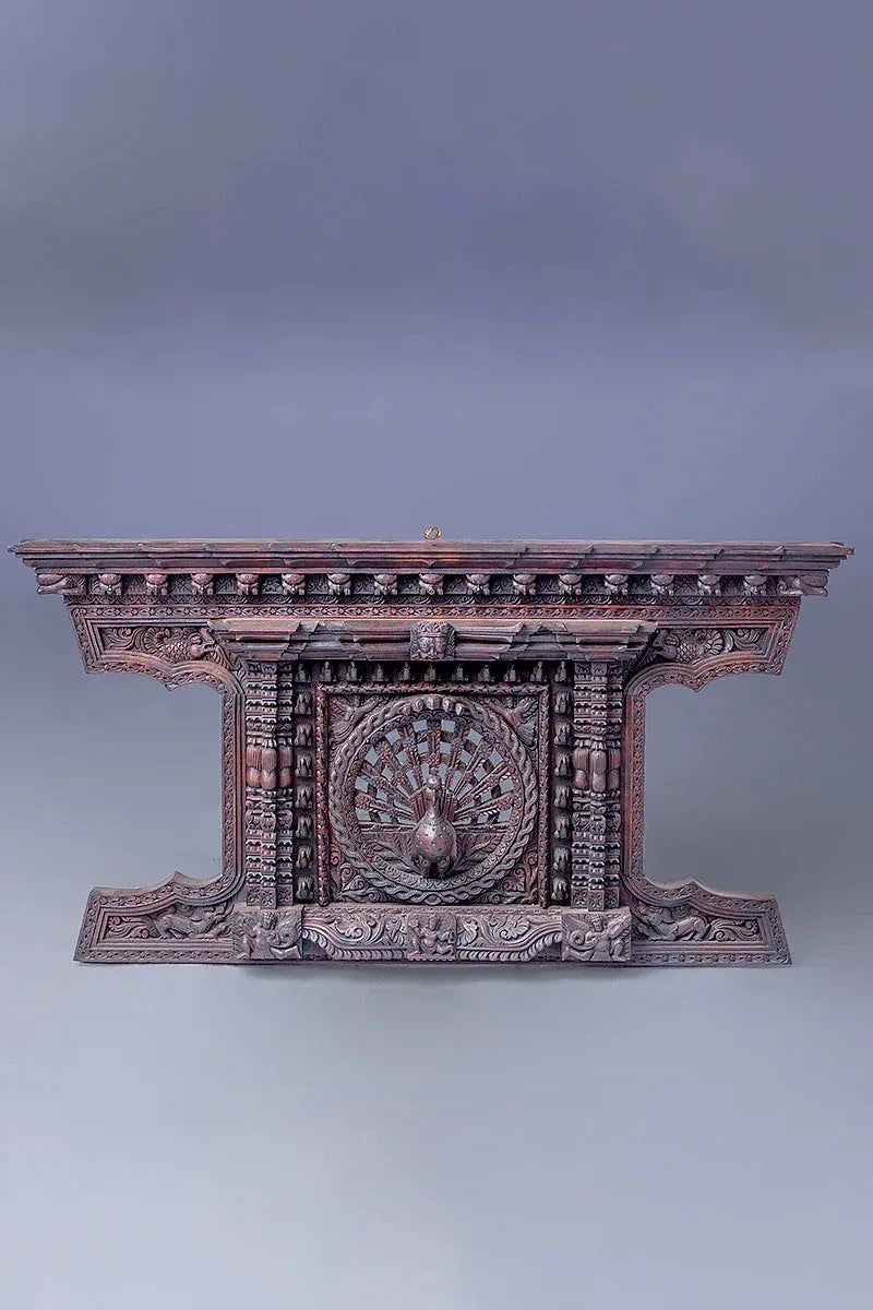 Traditional Newari Handcrafted Wooden Peacock Window - Vajracrafts