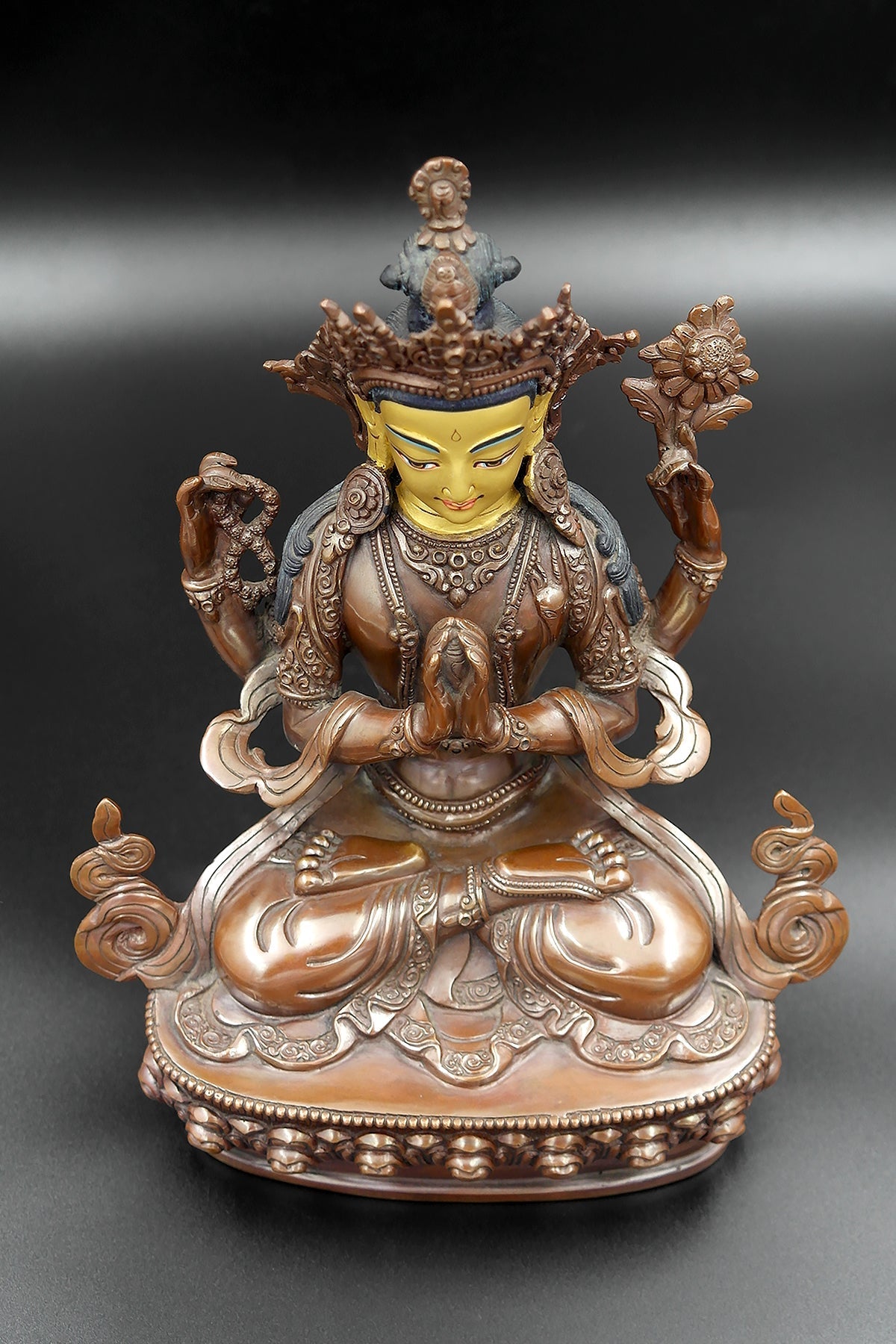Copper Oxidized and Gold face painted Chenrezig Statue 8" | Vajracrafts