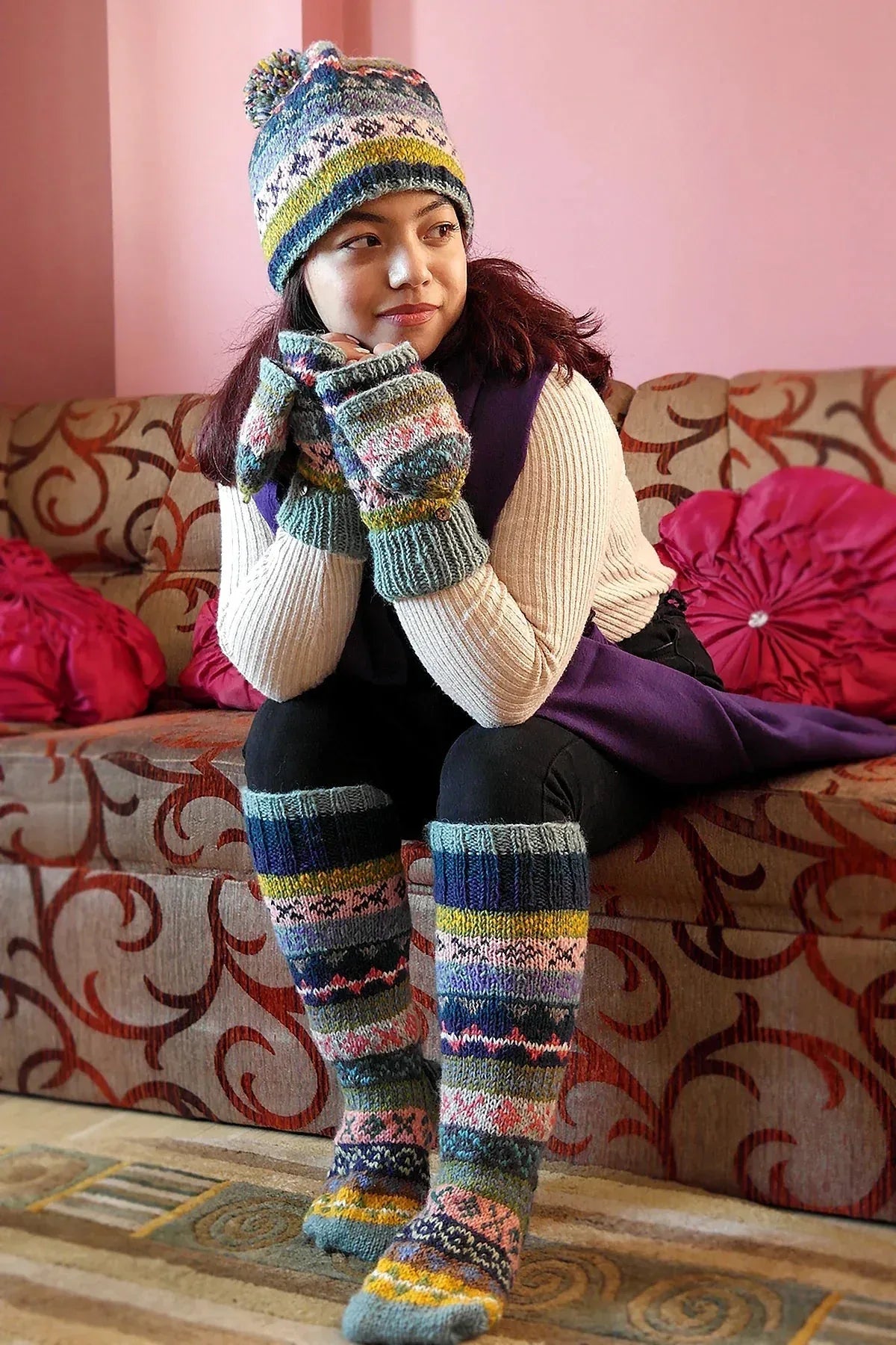 Light Blue pink mixed colored woolen gloves/mittens - Vajracrafts