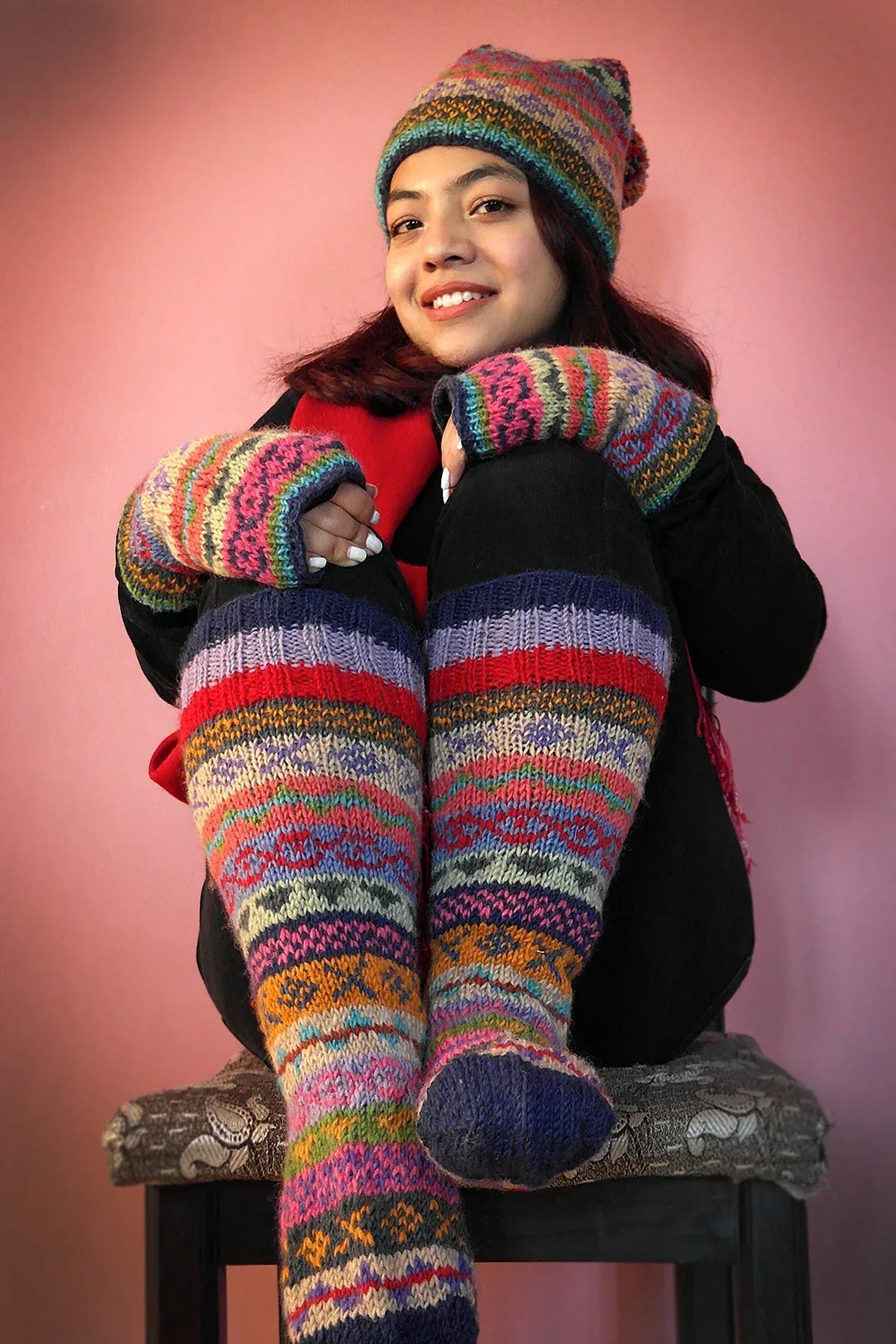 Blue pink and green mixed color Woolen Knee High Socks - Vajracrafts