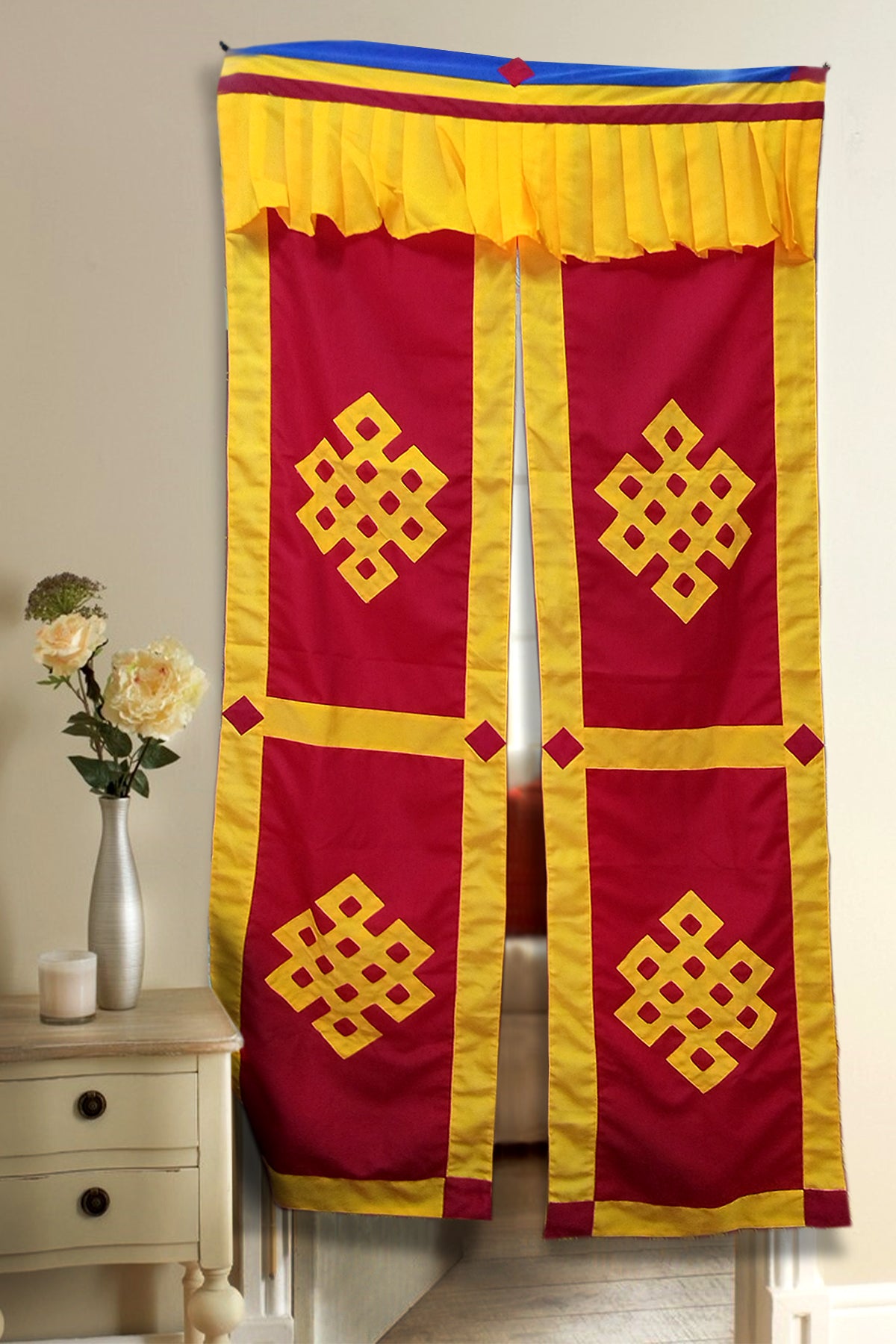 Auspicious Symbol Endless Knot patchwork Split Door Curtain in Red and | Vajracrafts