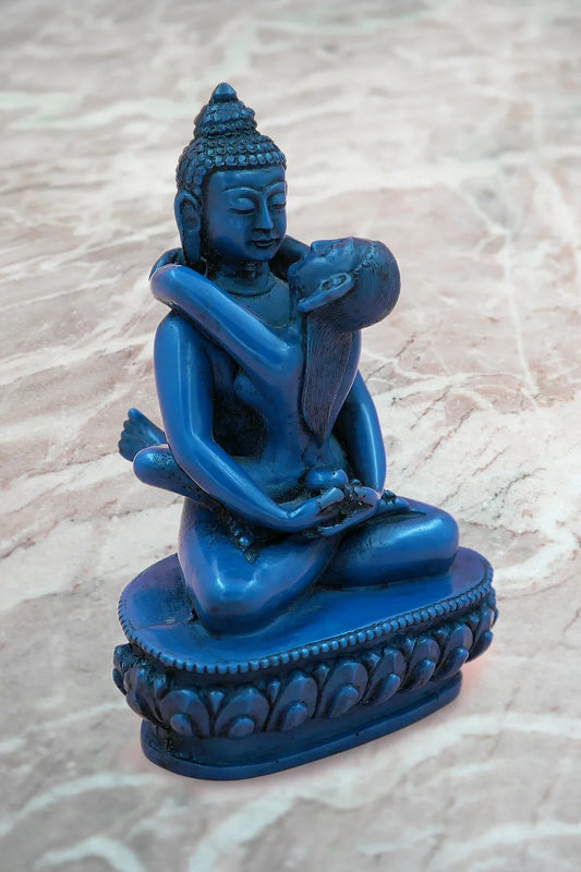 Lapis lazuli tone Buddha Shakti Yab Yum Resin Statue 5" - Vajracrafts