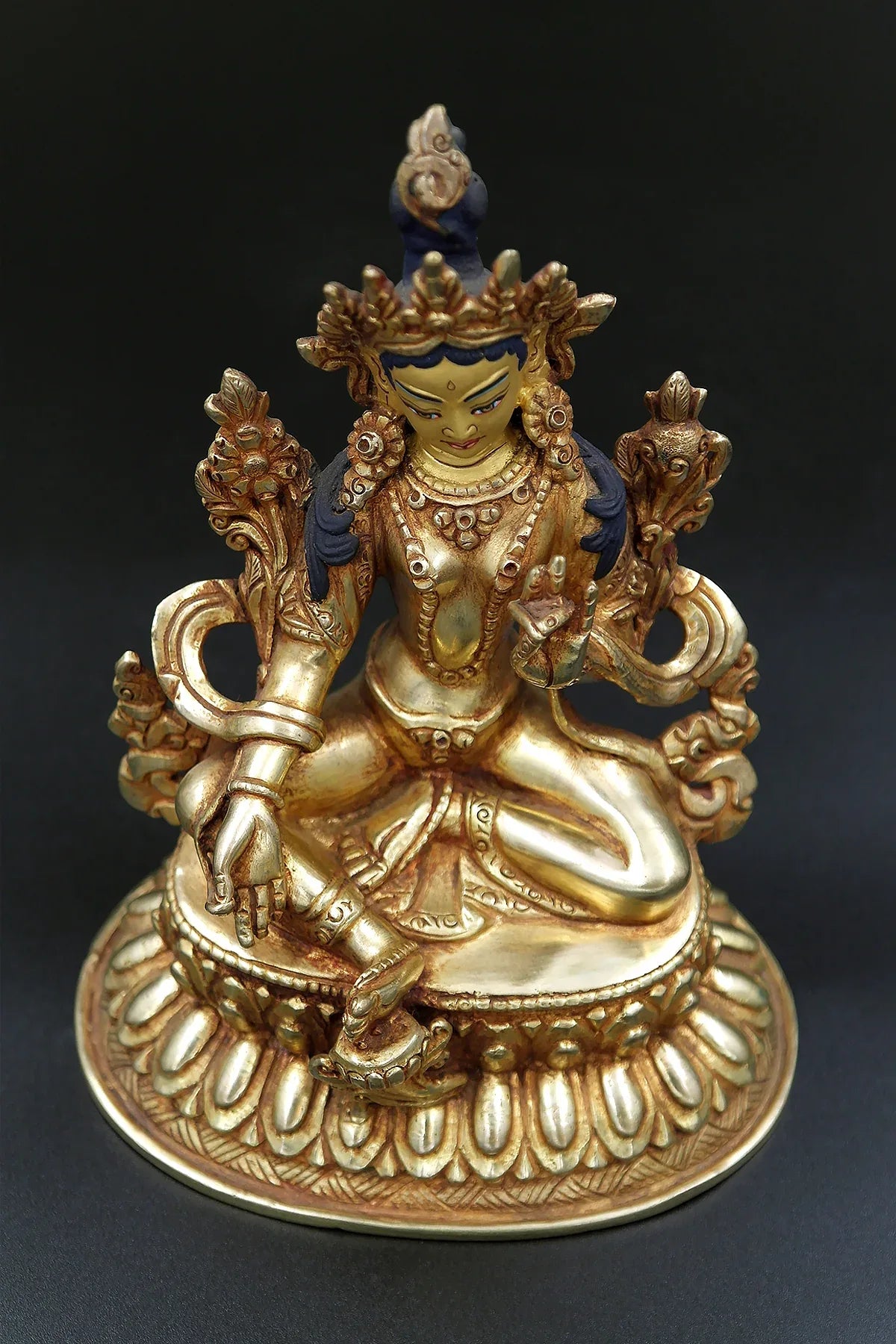 Gold Plated Green Tara Statue in double Lotus 6" - Vajracrafts