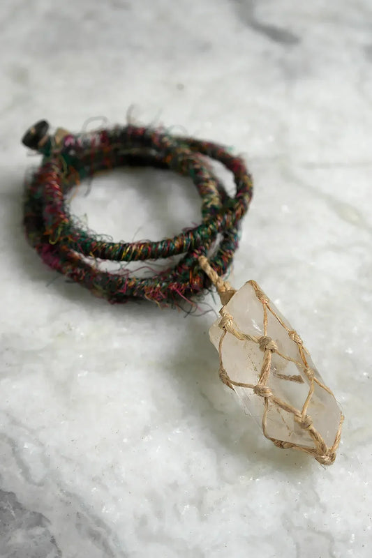 Clear Crystal Stone Pendant Necklace with Silk Cord - Vajracrafts