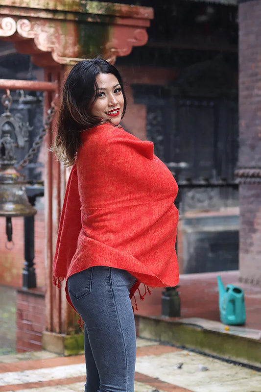Orange color Yak Wool Shawl Handmade in Nepal - Vajracrafts