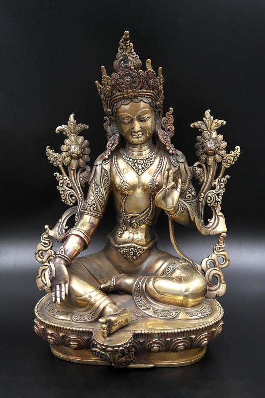 Gold toned Tibetan Green Tara statue from Nepal 12"