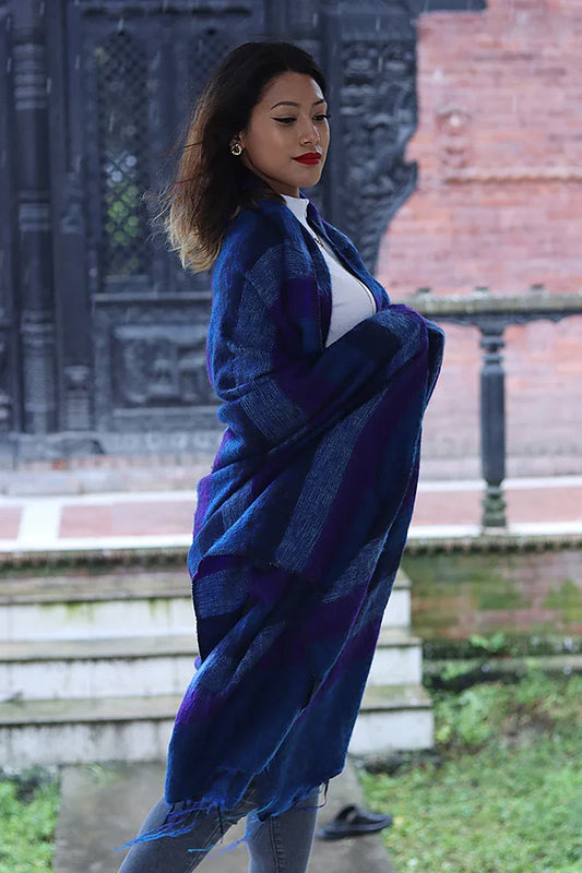Deep Blue, Purple mixed Yak Wool Blanket, Oversized Scarf - Vajracrafts