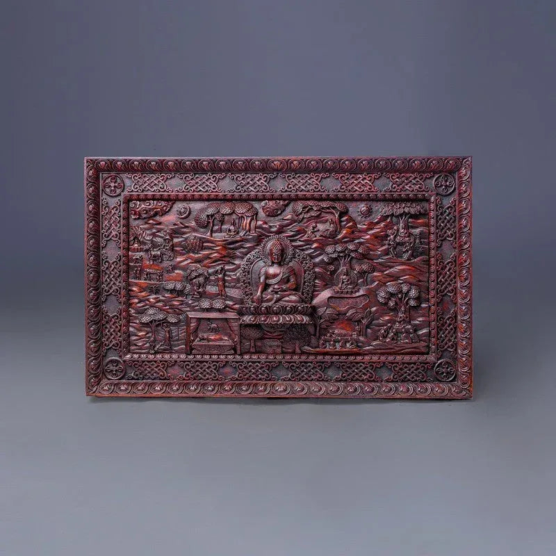 Buddha`s life carved Wooden Thangka Wall Art Décor - Vajracrafts
