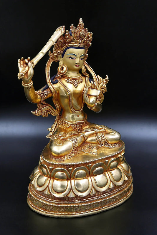Golden Tibetan Manjushree Statue in double lotus 10" - Vajracrafts