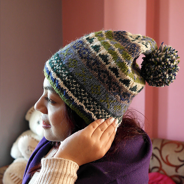 Nepalese Hand knitted Woolen pom pom hat - Vajracrafts