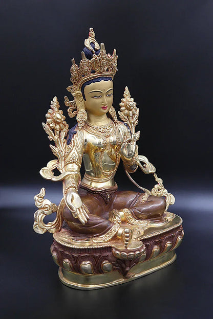 Green Tara statue with full Gold Plated from Nepal 13" - Vajracrafts