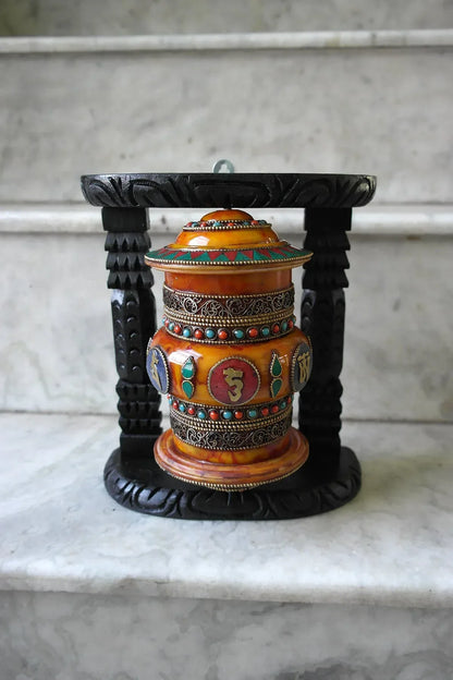 Om Mane peme hum on Gemstone in Prayer Wheel with black frame - Vajracrafts