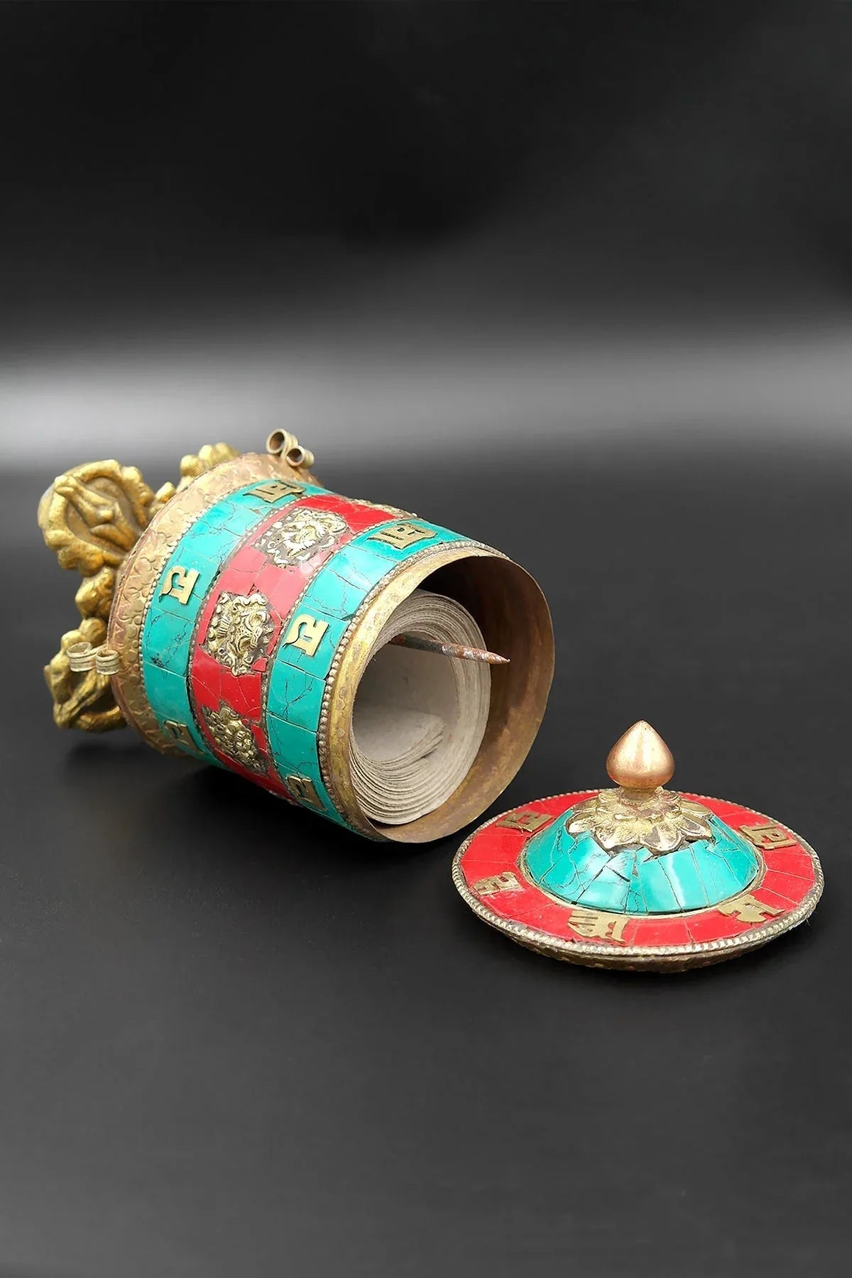 Coral and Turquoise inlaid eight Auspicious signs in Prayer Wheel, 6" - Vajracrafts