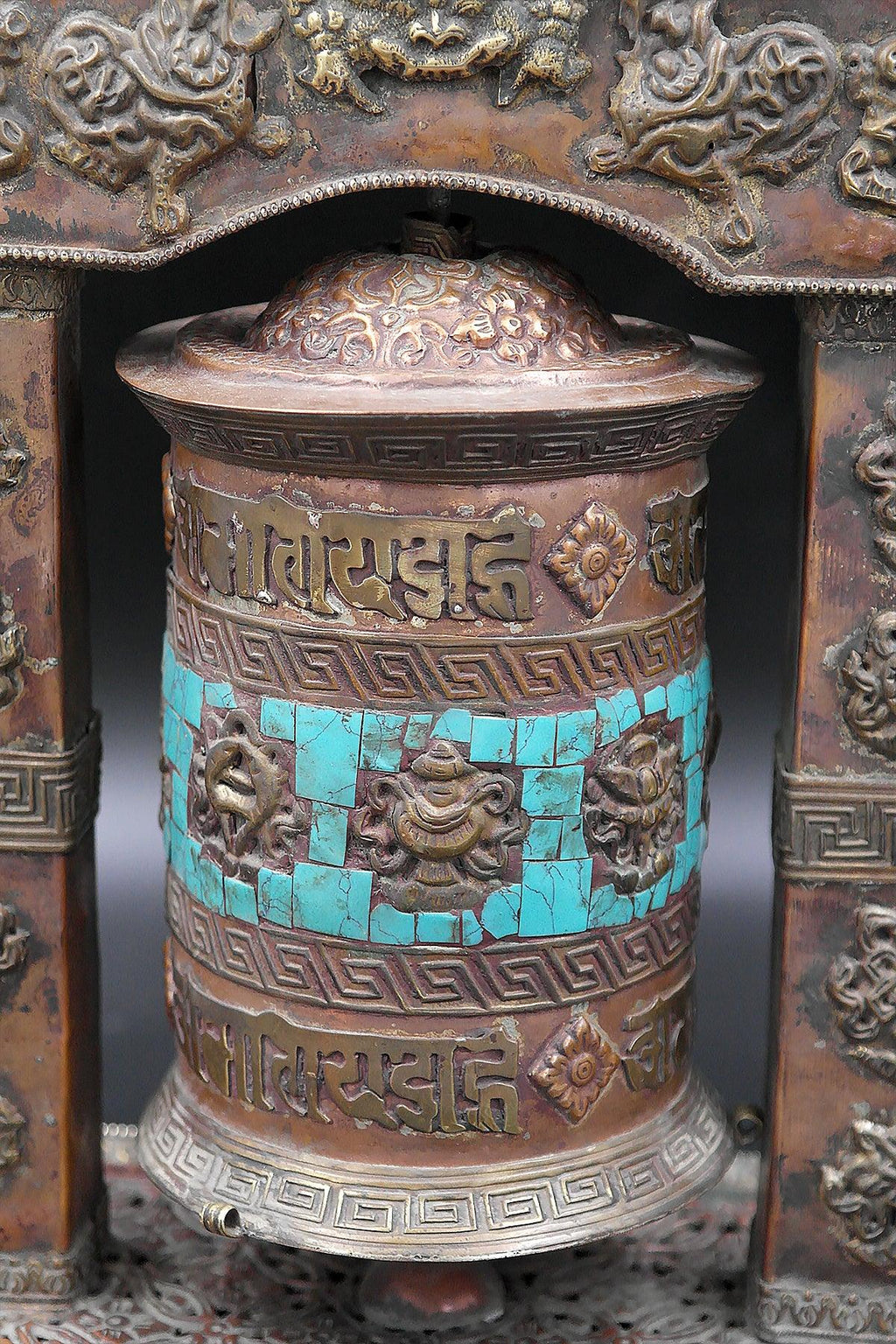 Turquoise inlaid eight auspicious symbol embossed Potala Design Prayer wheel - Vajracrafts