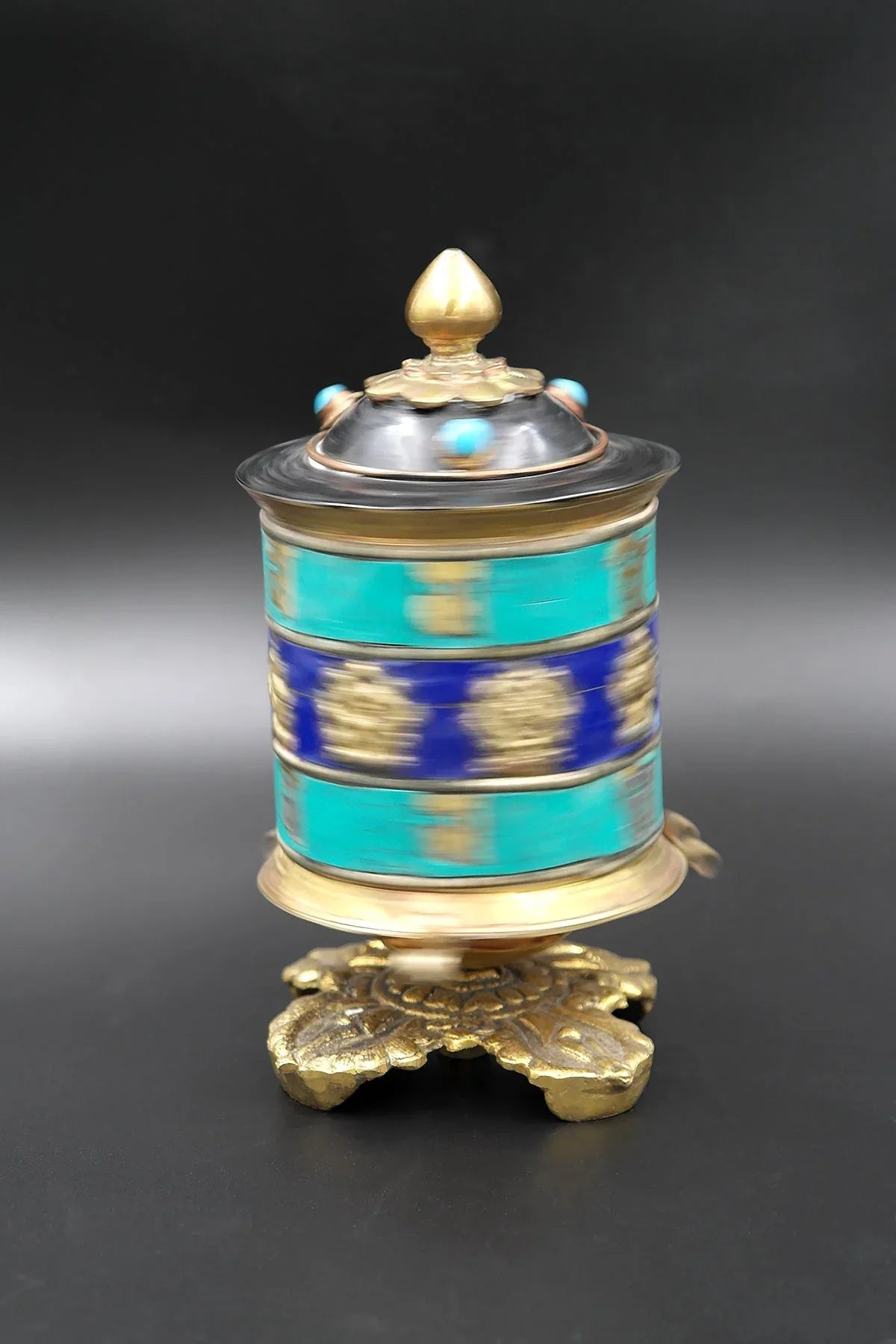 Ashtamangala Spinning Prayer Wheel with Stone Work, 6" - Vajracrafts