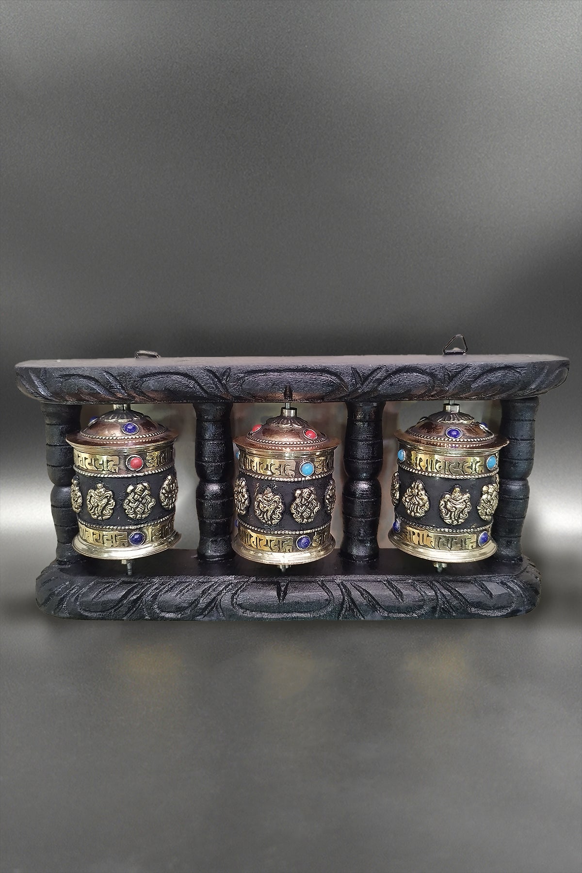 Tibetan Buddhist Prayer Wheels in Wooden Frame | Vajracrafts