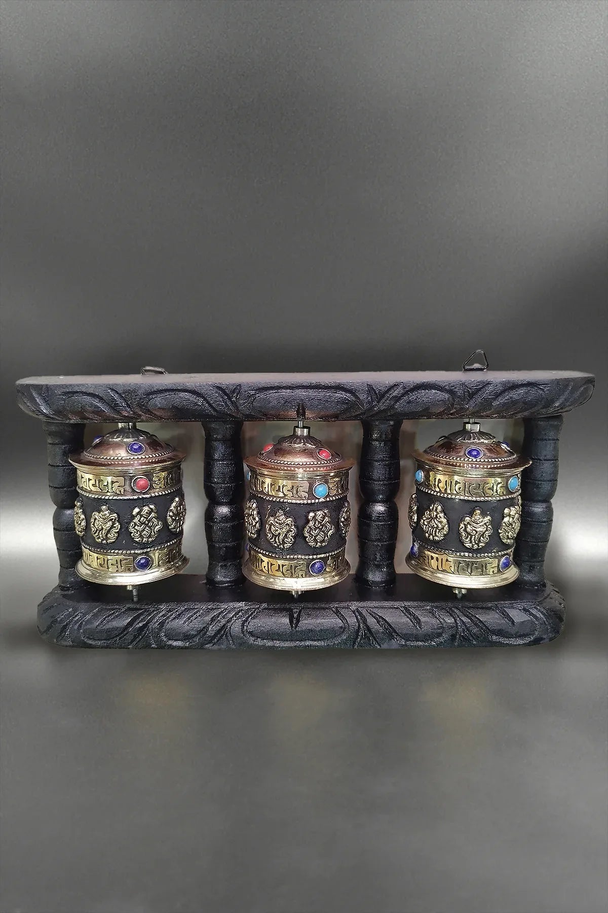 Tibetan Buddhist Prayer Wheels in Wooden Frame - Vajracrafts