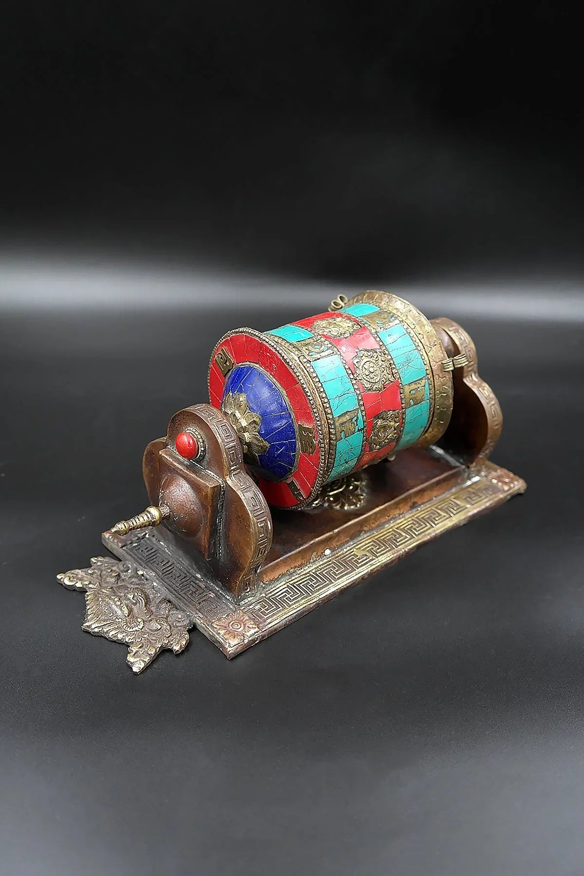 Eight Auspicious symbols and Gemstone inlaid Wall mounted Prayer wheel - Vajracrafts