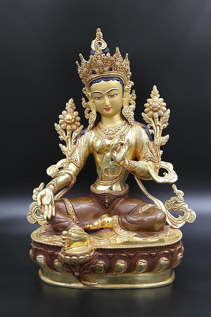 Green Tara statue with full Gold Plated from Nepal 13" - Vajracrafts