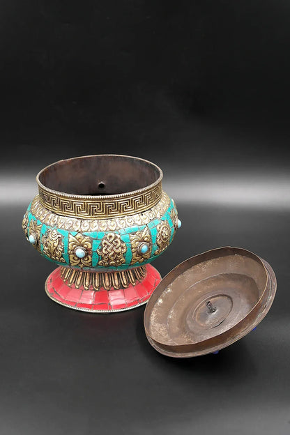 Old Tibetan Turquoise Inlay 8 Auspicious Symbols Treasure Box - Vajracrafts