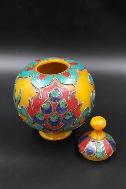 Old Tibetan Amber Multicolor Gem Stones Inlaid rice bowl Gulpa with cover - Vajracrafts