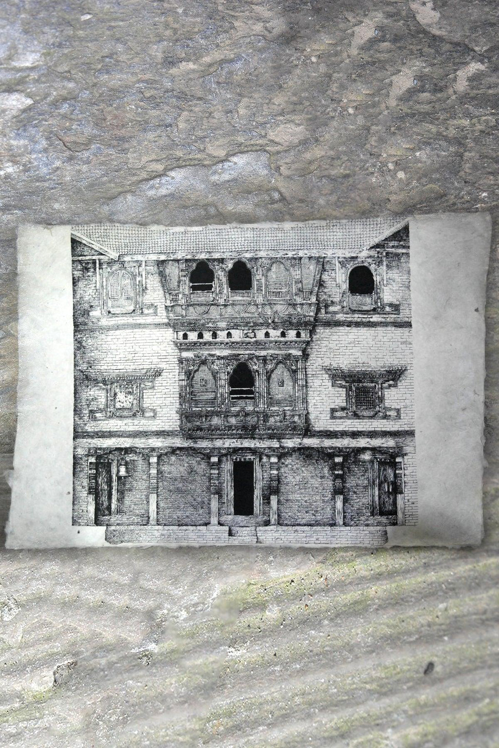 Handmade Lokta Paper Poster of Courtyard Elevation of Kuthu Math, Bhaktapur - Vajracrafts