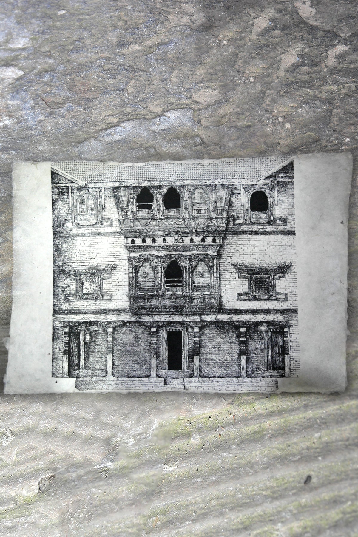 Handmade Lokta Paper Poster of Courtyard Elevation of Kuthu Math, Bhak | Vajracrafts