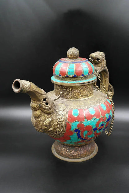 Ancient Tibetan Religious Teapot with Dragon handle Coral and Lapis Stone Art Deco - Vajracrafts
