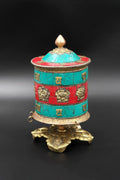 Coral and Turquoise inlaid eight Auspicious signs in Prayer Wheel, 6" - Vajracrafts