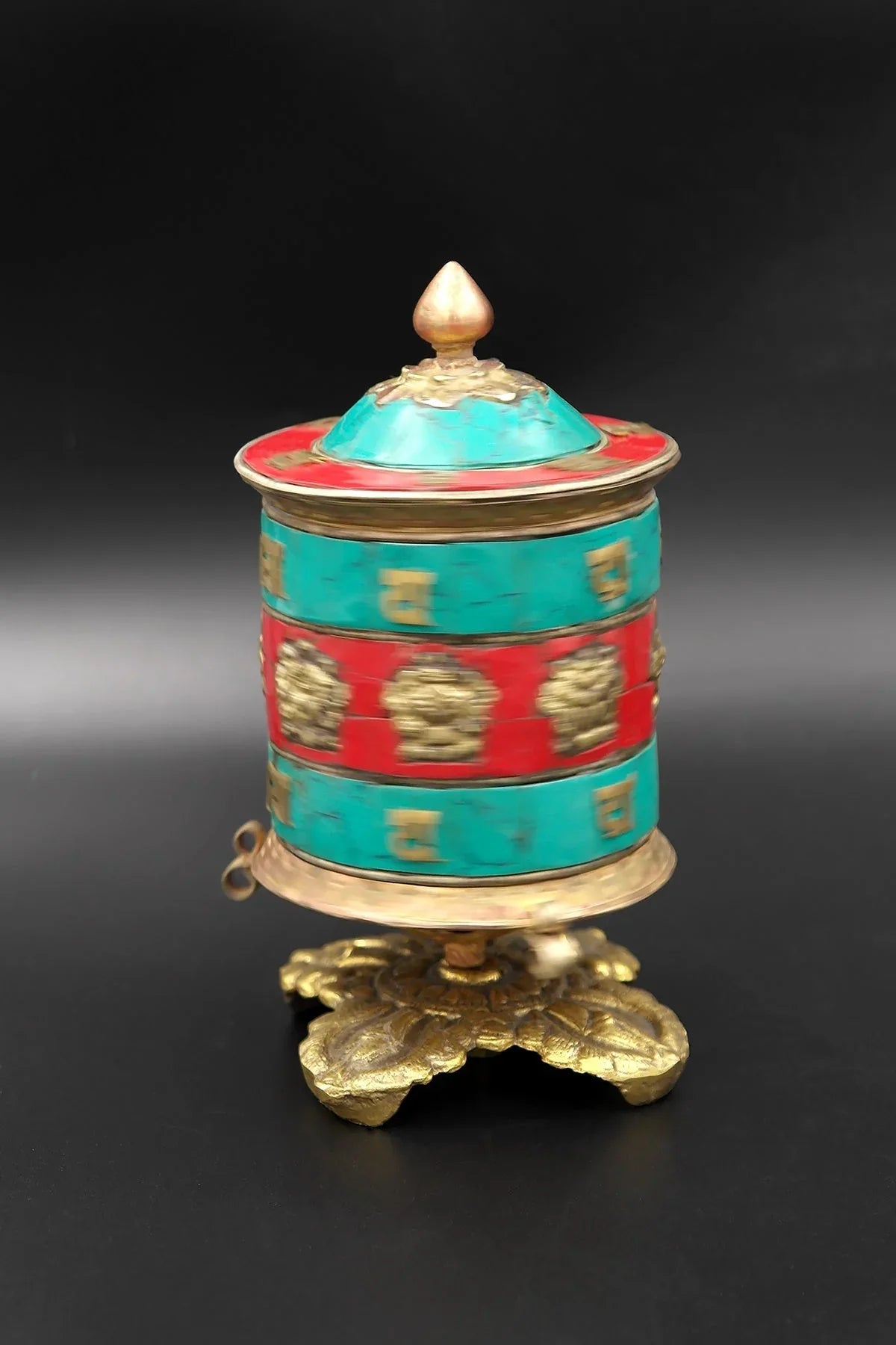 Coral and Turquoise inlaid eight Auspicious signs in Prayer Wheel, 6" - Vajracrafts
