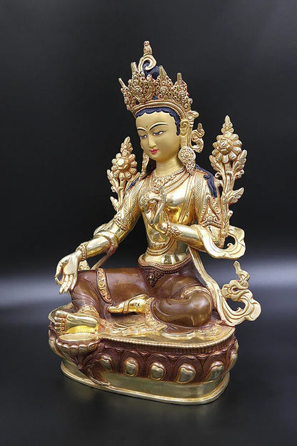 Green Tara statue with full Gold Plated from Nepal 13" - Vajracrafts