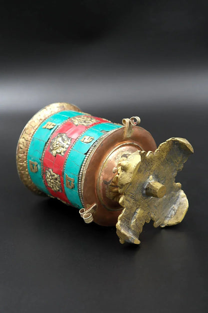 Coral and Turquoise inlaid eight Auspicious signs in Prayer Wheel, 6" - Vajracrafts