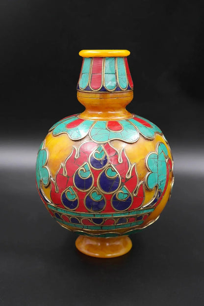 Old Tibet Buddhism turquoise inlay flame designs Amber Vase, offering of flowers - Vajracrafts
