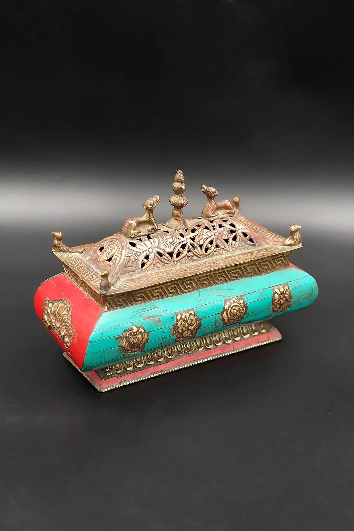 Temple Shaped Tibetan Buddhist Artistic Incense Burner with Round shape stone inlays - Vajracrafts