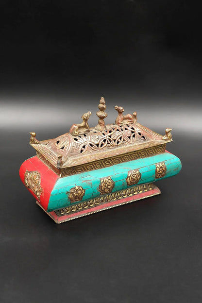 Temple Shaped Tibetan Buddhist Artistic Incense Burner with Round shape stone inlays - Vajracrafts